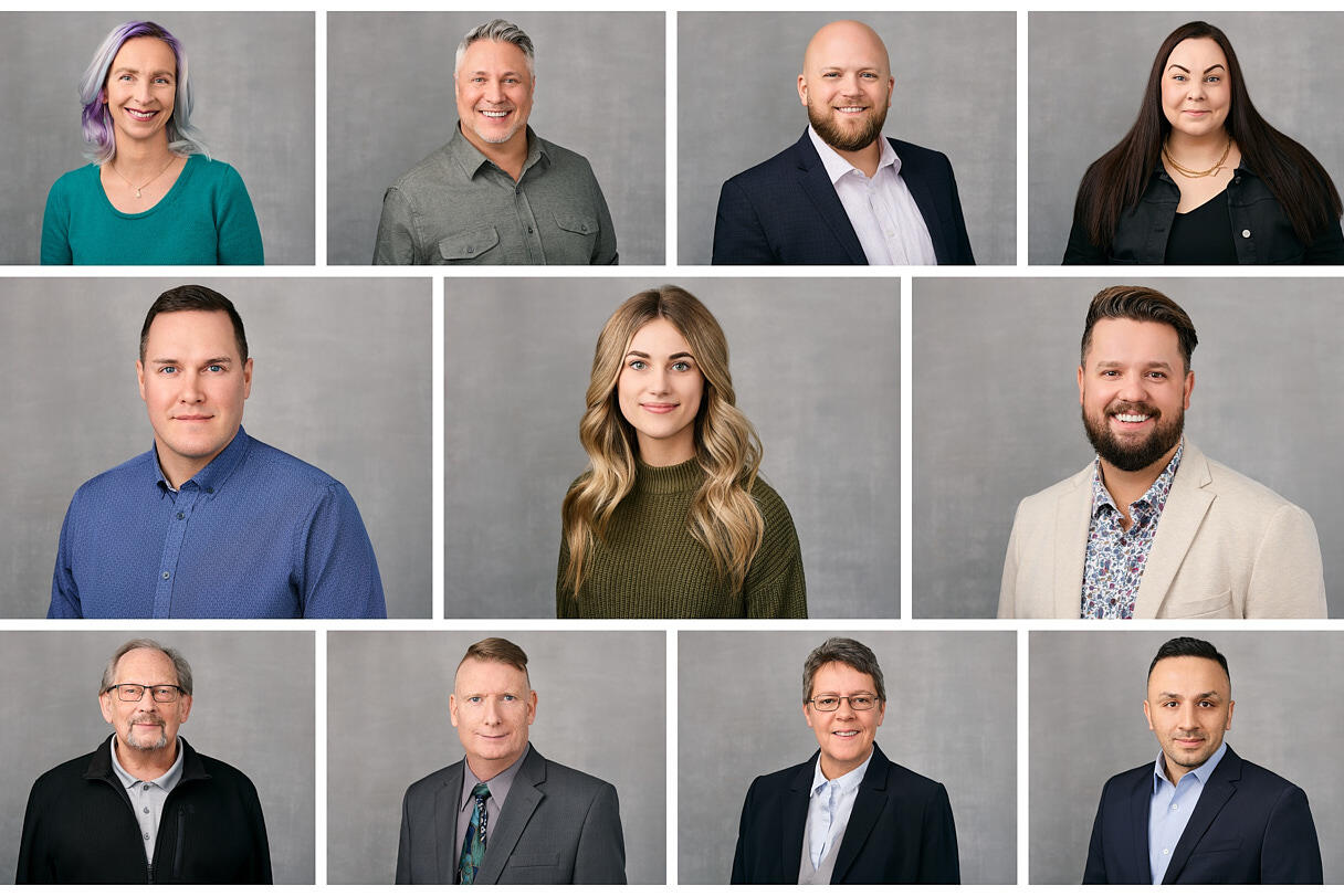 A professional headshot of Tillicum Agencies team members dressed in business attire with a modern and professional appearance against a light grey background in Maple Ridge.